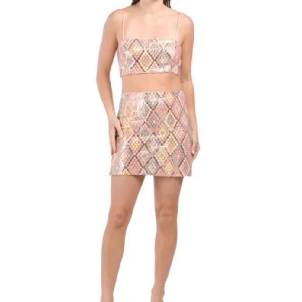 Caroline Constas Pink/Peach Yellow TanGeometric Sequin Smocked Cropped Top NWT 6